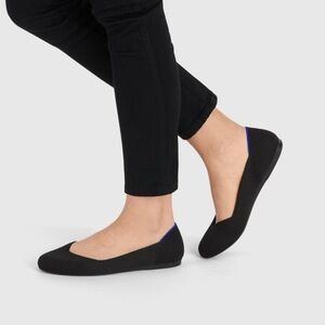 Rothy’s The Flat Round Toe  Washable Flexible Black Solid Blue Halo Ballet Flats